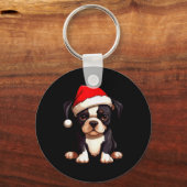 Kerstmis Boston Terrier Hond Kerstman Hoed Grappig Sleutelhanger (Voorkant)