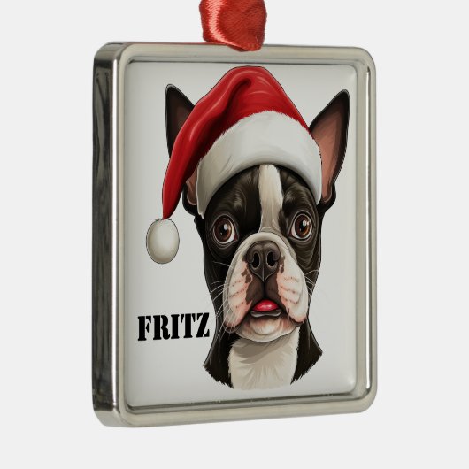 KERSTMIS BOSTON TERRIER HOND MET SANTA HAT METALEN ORNAMENT (Rechts)