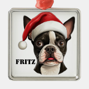 KERSTMIS BOSTON TERRIER HOND MET SANTA HAT METALEN ORNAMENT