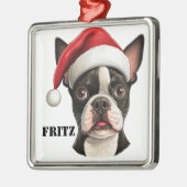 KERSTMIS BOSTON TERRIER HOND MET SANTA HAT METALEN ORNAMENT (Links)