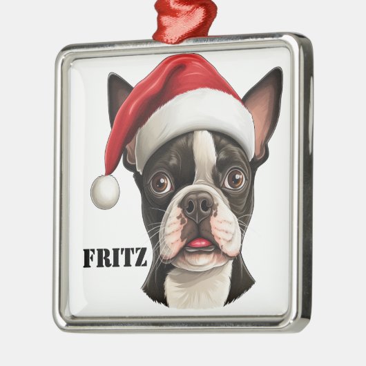 KERSTMIS BOSTON TERRIER HOND MET SANTA HAT METALEN ORNAMENT (Links)
