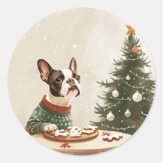 Kerstmis Boston Terrier Hond Ronde Sticker (Voorkant)