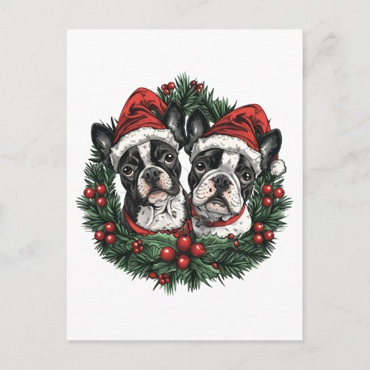 Kerstmis Boston Terrier Honden Kerstkrans Briefkaart (Voorkant)