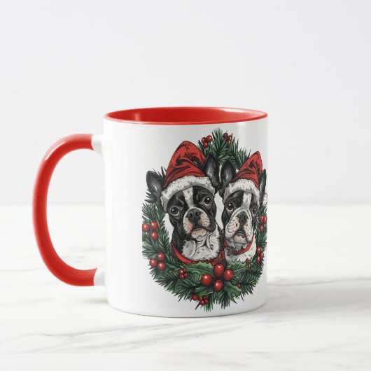 Kerstmis Boston Terrier Honden Kerstkrans Mok (Links)