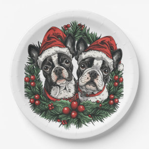 Kerstmis Boston Terrier Honden Vakantie Krans Papieren Bordje