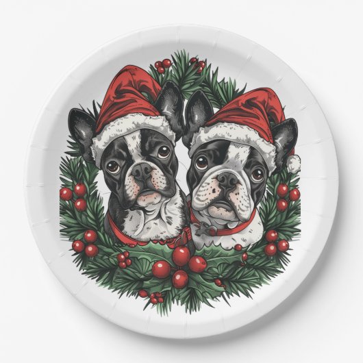 Kerstmis Boston Terrier Honden Vakantie Krans Papieren Bordje (Voorkant)