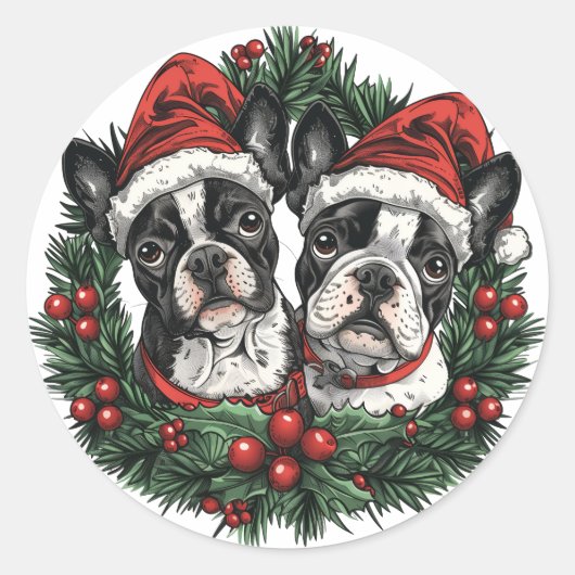 Kerstmis Boston Terrier Honden Vakantie Krans Ronde Sticker (Voorkant)