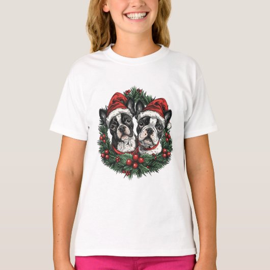Kerstmis Boston Terrier Honden Vakantie Krans T-shirt (Voorkant)