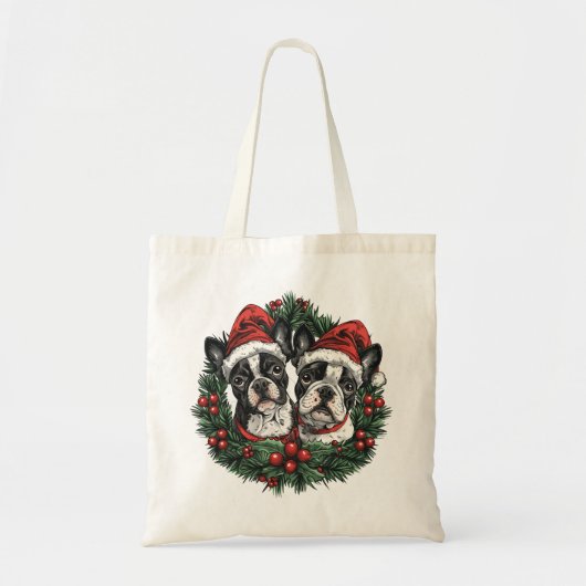 Kerstmis Boston Terrier Honden Vakantie Krans Tote Bag (Voorkant)