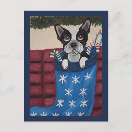 Kerstmis Boston Terrier in een Kous Briefkaart (Voorkant)