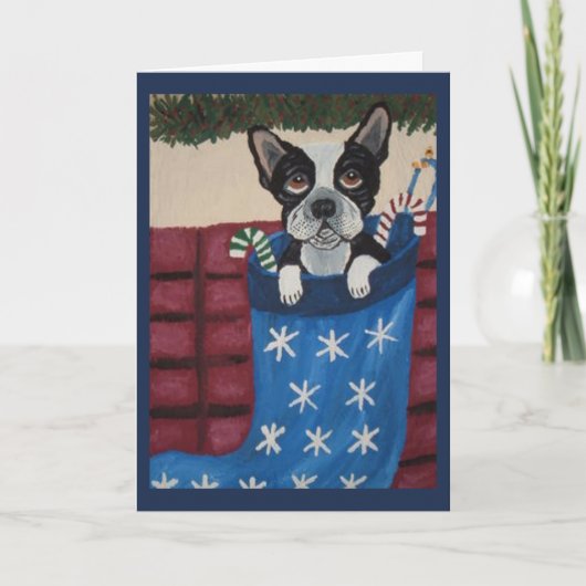 Kerstmis Boston Terrier in een Kous Kaart (Voorkant)