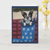 Kerstmis Boston Terrier in een Kous Kaart (Gele Bloem)