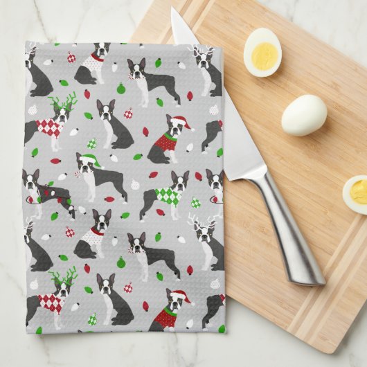 Kerstmis Boston Terrier Kitchen Towel Theedoek (Quarter Fold)