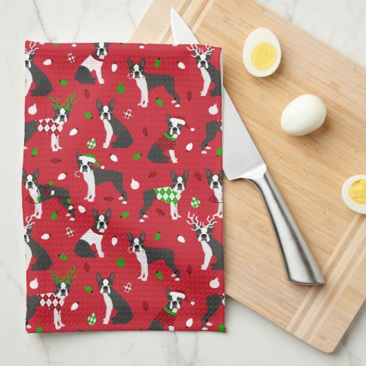 Kerstmis Boston Terrier Kitchen Towel Theedoek (Quarter Fold)