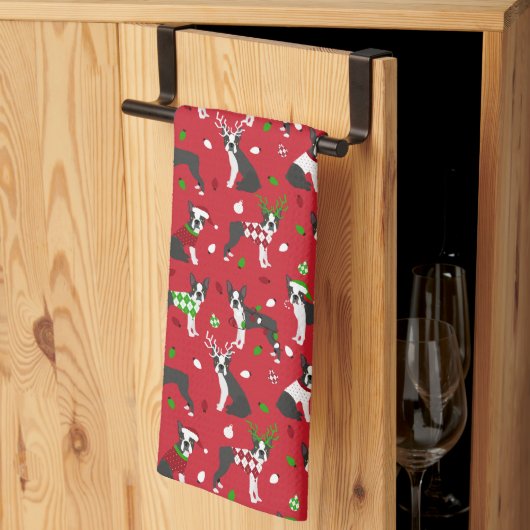 Kerstmis Boston Terrier Kitchen Towel Theedoek (Derde Gevouwen)