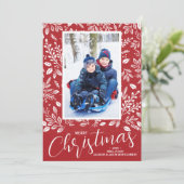 Kerstmis Botanicals op Rode Foto Feestdagenkaart (Staand voorkant)