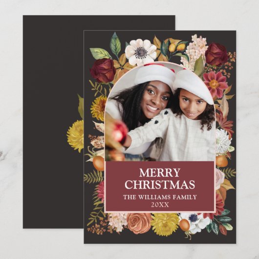 Kerstmis Botanische Bloemen 1 foto boog Feestdagenkaart (Voorkant / Achterkant)
