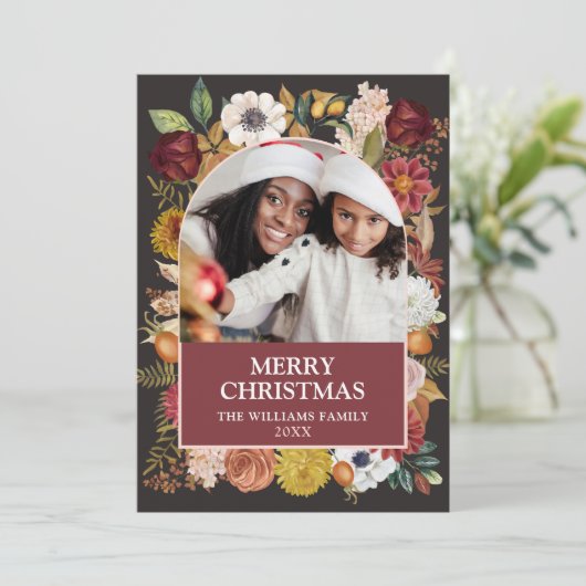 Kerstmis Botanische Bloemen 1 foto boog Feestdagenkaart (Staand voorkant)