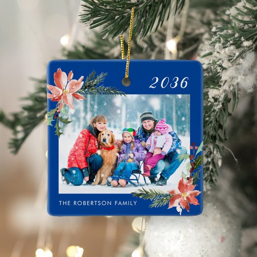 Kerstmis Botanische Familie Foto Blauw Keramisch Ornament