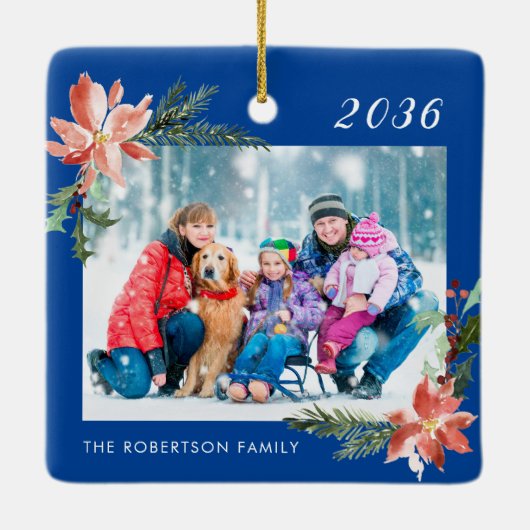 Kerstmis Botanische Familie Foto Blauw Keramisch Ornament (Achterkant)