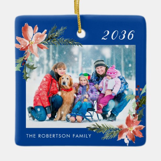Kerstmis Botanische Familie Foto Blauw Keramisch Ornament (Voorkant)