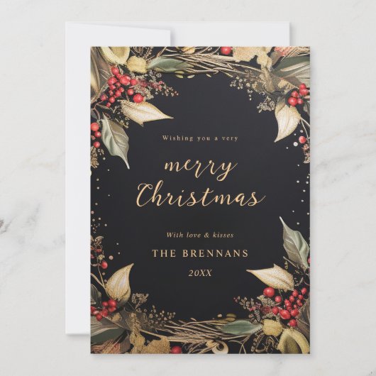 Kerstmis Botanische Zwart en Goud Elegant Feestdagenkaart (Voorkant)