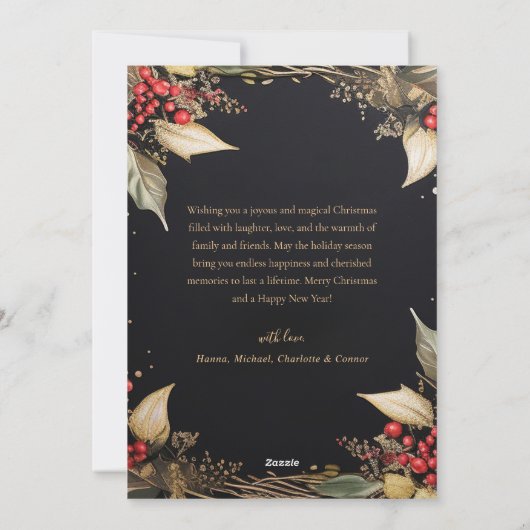 Kerstmis Botanische Zwart en Goud Elegant Feestdagenkaart (Achterkant)