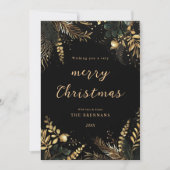 Kerstmis Botanische Zwart Goud Modern Elegant Feestdagenkaart (Voorkant)