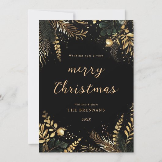 Kerstmis Botanische Zwart Goud Modern Elegant Feestdagenkaart (Voorkant)