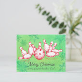 Kerstmis Bowling Bal Pins Gepersonaliseerd Feestdagenkaart (Staand voorkant)