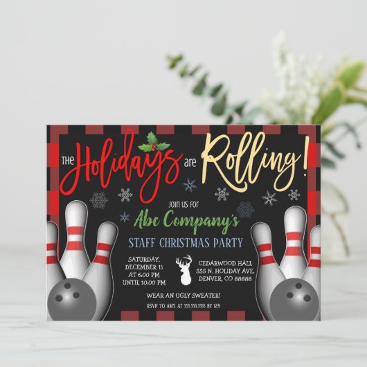 Kerstmis Bowling Party uitnodiging, Corporate Kaart (Staand voorkant)