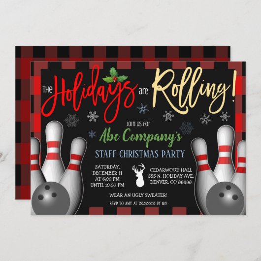 Kerstmis Bowling Party uitnodiging, Corporate Kaart (Voorkant / Achterkant)