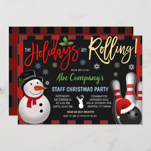 Kerstmis Bowling Party uitnodiging, feestje Kaart (Voorkant / Achterkant)
