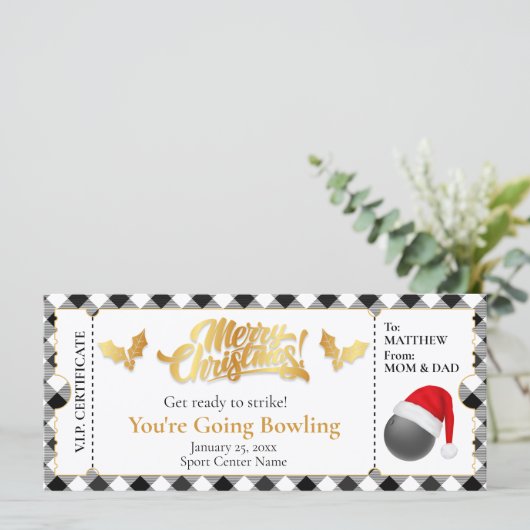 Kerstmis Bowling Ticket, Verrassingscadeaubon (Staand voorkant)