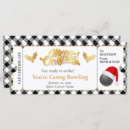 Kerstmis Bowling Ticket, Verrassingscadeaubon (Voorkant / Achterkant)