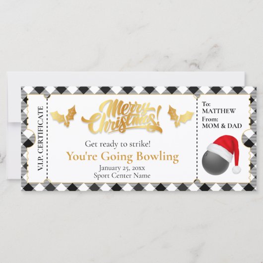 Kerstmis Bowling Ticket, Verrassingscadeaubon (Voorkant)