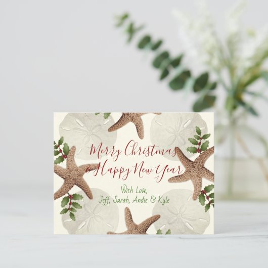 Kerstmis Briefkaart met zand en goudmakreel (Staand voorkant)