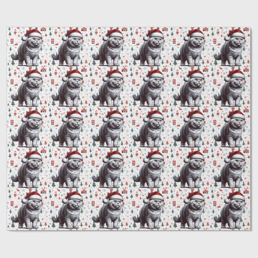 Kerstmis Britse Korthaar Kat, Xmas Kerstman Kitten Cadeaupapier (Vlak)