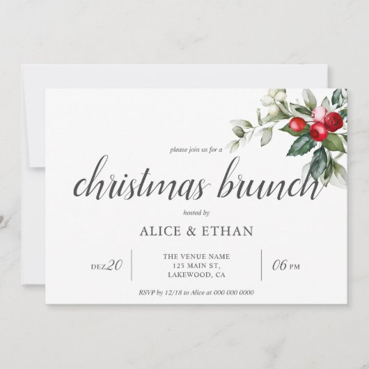 Kerstmis Brunch Berry Leaves Uitnodiging (Voorkant)