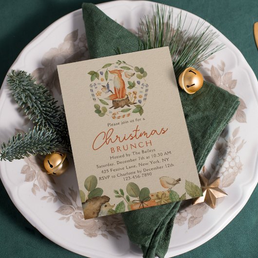 Kerstmis Brunch Cute Woodland Fox Waterverf Kaart
