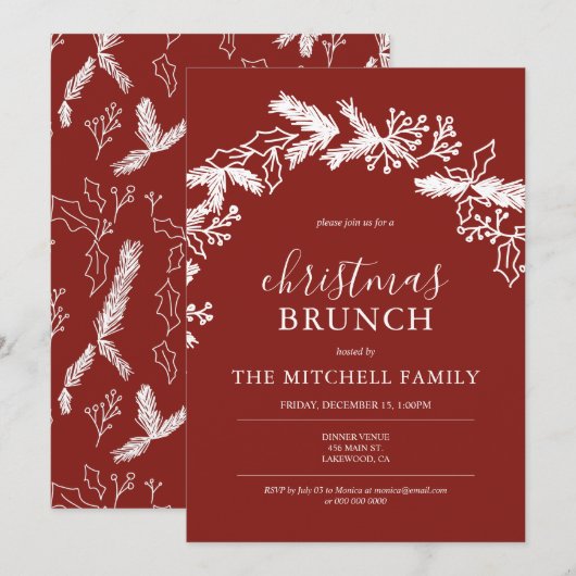 Kerstmis Brunch Pine Berry Wreath Red Kaart (Voorkant / Achterkant)