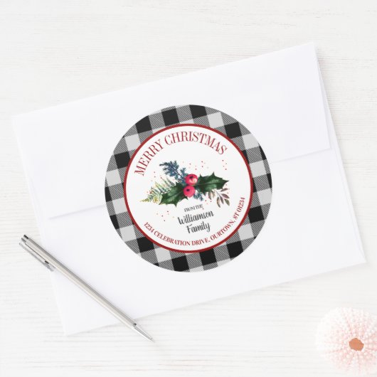 Kerstmis Buffalo Check en Hulst Envelope Seals Ronde Sticker (Envelop)