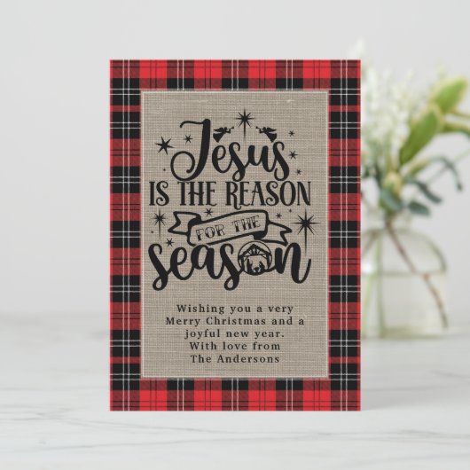Kerstmis Buffalo Plaid met Jezus als reden Feestdagenkaart (Staand voorkant)