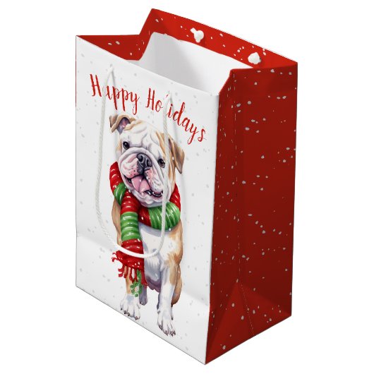 Kerstmis Bulldog in Sneeuwvlokken Medium Cadeauzakje (Voorkant Gekanteld)