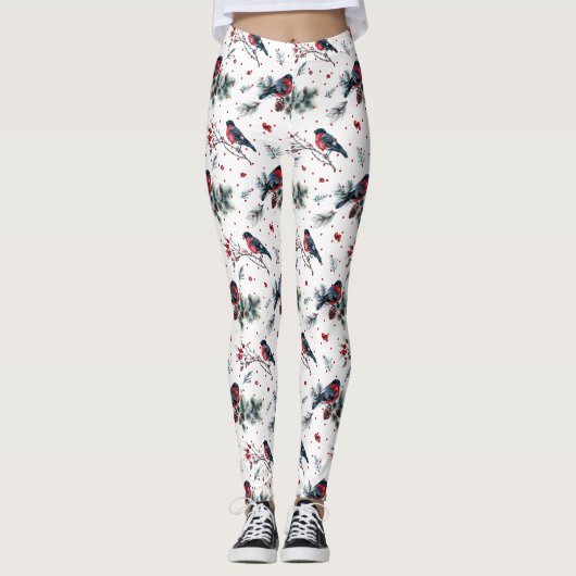 Kerstmis bullfinch holly pinecones patroon leggings (Voorkant)