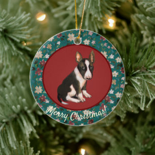 Kerstmis bullterrier puppy bloemstuk keramisch ornament