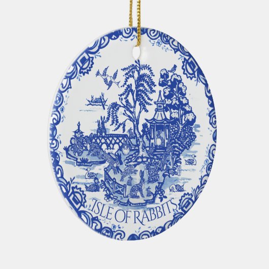 Kerstmis Bunny Rabbit Pet Fotodatum Blauw Willow Keramisch Ornament (Rechts)