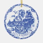 Kerstmis Bunny Rabbit Pet Fotodatum Blauw Willow Keramisch Ornament (Voorkant)