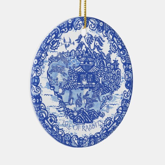 Kerstmis Bunny Rabbit Pet Fotodatum Blauw Willow Keramisch Ornament (Rechts)