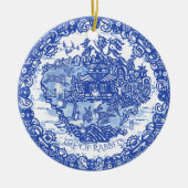 Kerstmis Bunny Rabbit Pet Fotodatum Blauw Willow Keramisch Ornament (Voorkant)